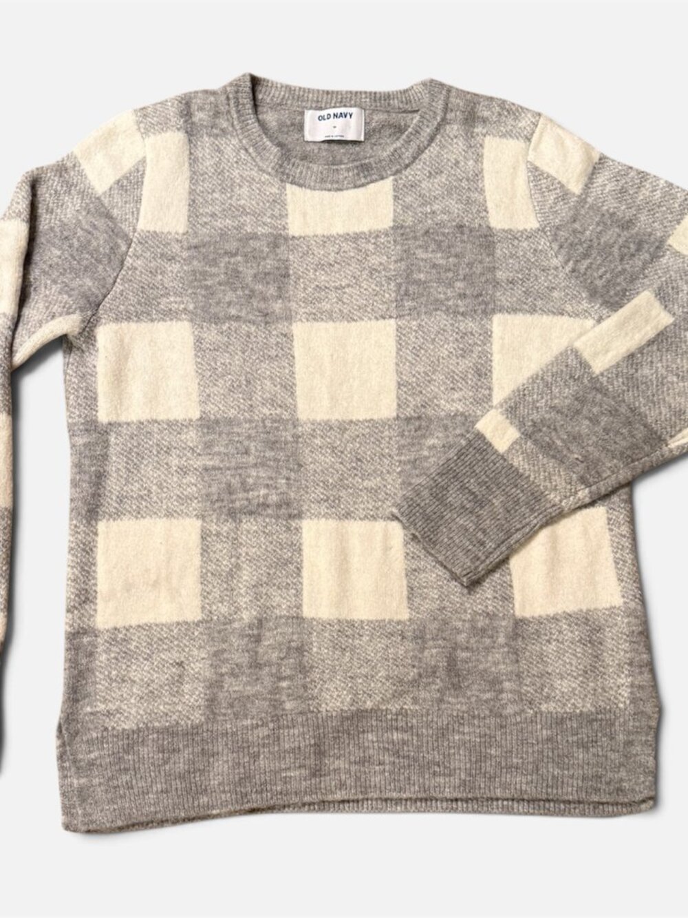 Vintage OLD NAVY Super Soft Crew Neck Sweater Grey Large Check Size M Pullover